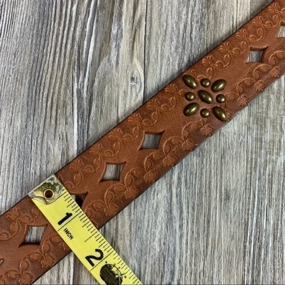 Brown Tooled Punched Leather Belt Gold Tone Metal Hardware and Stud Embellished - Picture 6 of 10
